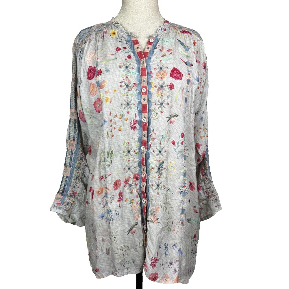 Biya Johnny Was Shirt Womens M Multicolor Embroidered Bird Floral Tunic Top Boho